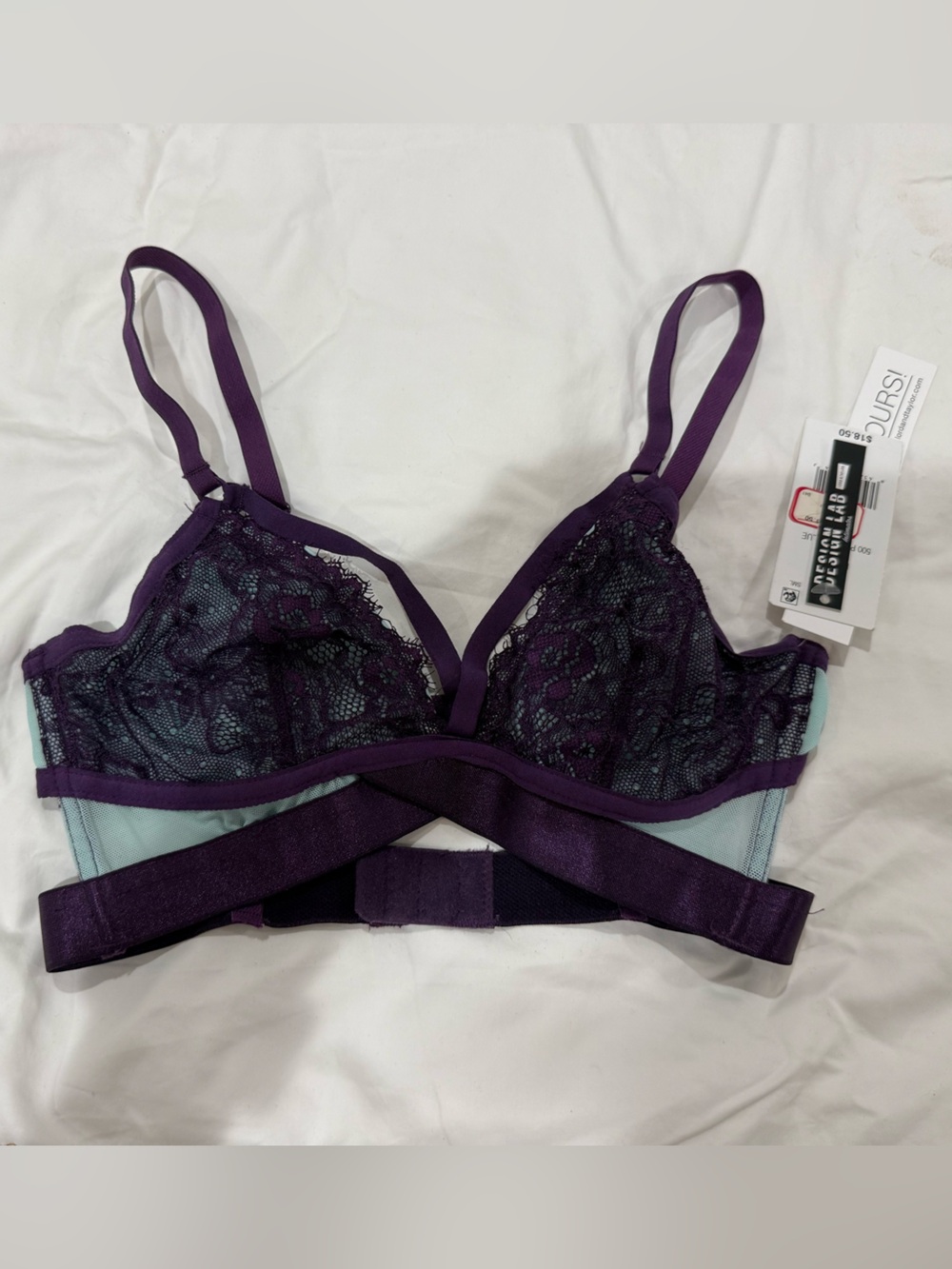 Design Lab Lord & Taylor Purple Lace Bralette with Baby Blue Lace Overlay XS